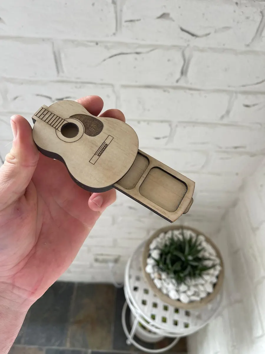 Laser cut plywood guitar shaped trinket and ring dish with engraved soundhole and strings