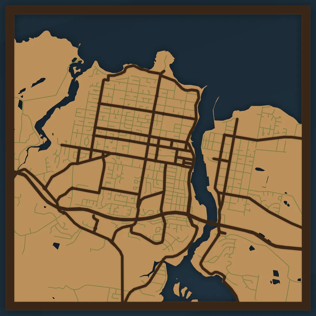Design preview of a layered laser cut map of Devonport, Tasmania showing the Mersey River, timber land and engraved streets