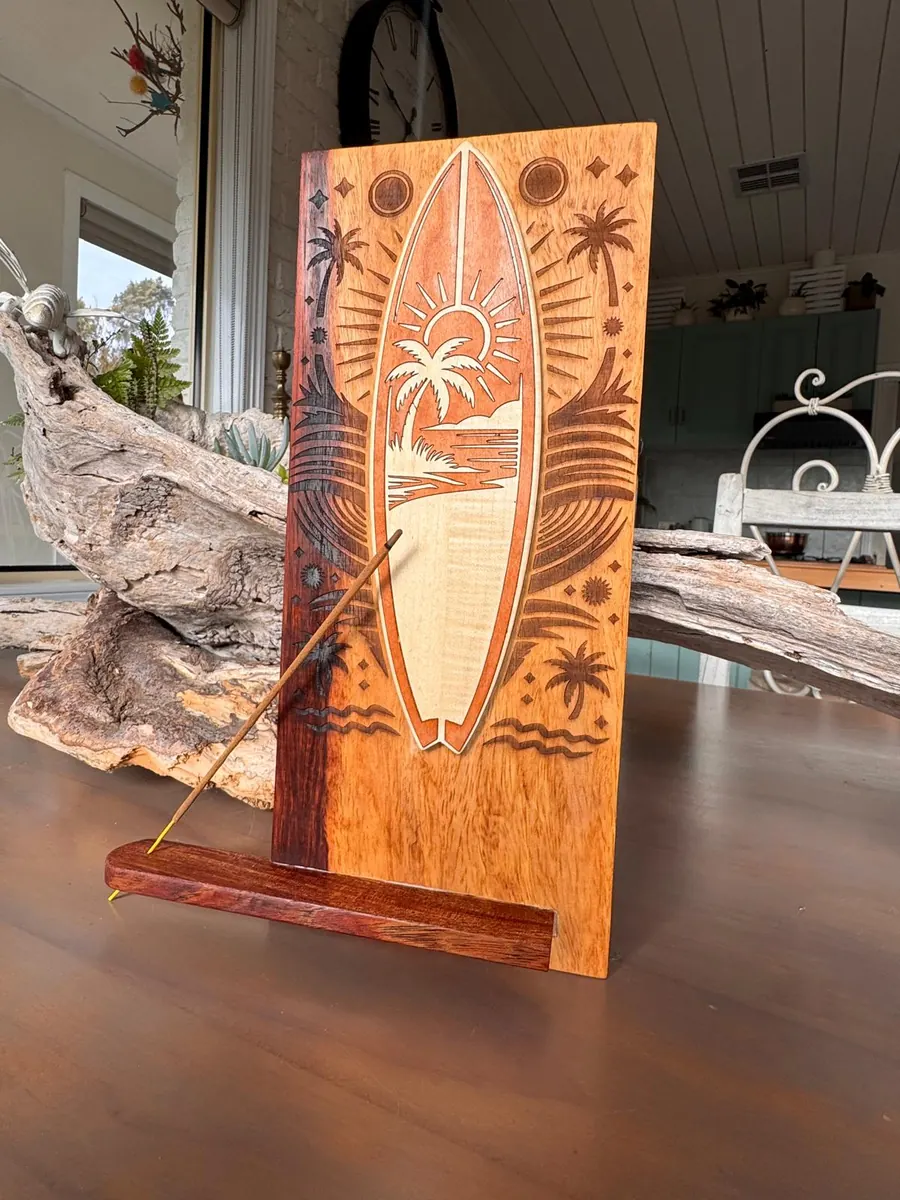 Laser engraved surfboard incense holder in stained timber with a slot-together base